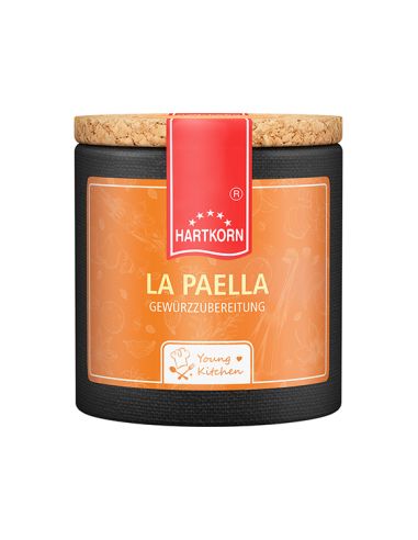 Orangefarbene Pappdose mit Korkdeckel und rotem Etikett, Aufschrift „La Paella“.