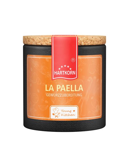 Orangefarbene Pappdose mit Korkdeckel und rotem Etikett, Aufschrift „La Paella“.