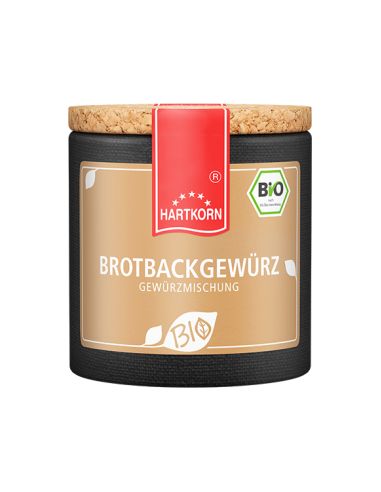 Braune Keramikdose mit rotem Etikett und Korkdeckel, beschriftet mit „Brotbackgewürz – Bio“.