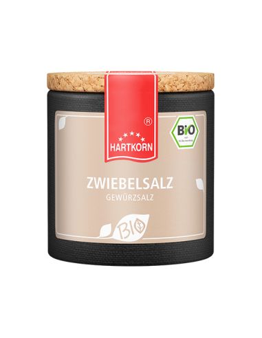 Beigefarbene Pappdose mit rotem Etikett und Korkdeckel, beschriftet mit „Zwiebelsalz – Bio“.