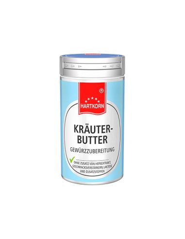 Eine silberner, zylindrischer Gewürzstreuer mit rot-weißem Etikett und der Aufschrift "Kräuterbutter Gewürz".