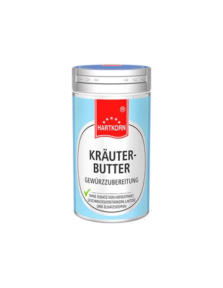 Eine silberner, zylindrischer Gewürzstreuer mit rot-weißem Etikett und der Aufschrift "Kräuterbutter Gewürz". Eine silberner, zylindrischer Gewürzstreuer mit rot-weißem Etikett und der Aufschrift "Kräuterbutter Gewürz".