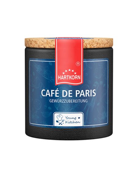 Eine dunkelblaue Pappdose mit Korkdeckel und rotem Etikett, beschriftet mit "Café de Paris". Eine dunkelblaue Pappdose mit Korkdeckel und rotem Etikett, beschriftet mit "Café de Paris".