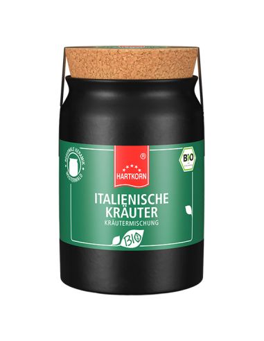 Schwarzes Keramiktöpfchen mit Korkdeckel, grün beschriftet mit dem Namen „Italienische Kräuter“.