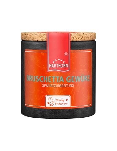 Orange-rote Pappdose mit Korkdeckel, Aufschrift: „BRUSCHETTA GEWÜRZ“.