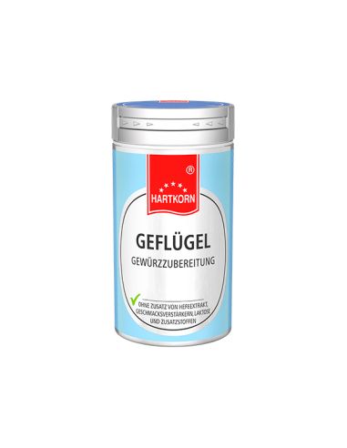 Gewürzstreuer mit weiß-blauem Etikett, Aufschrift: „GEFLÜGEL“.