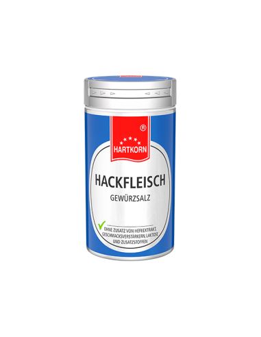 Gewürzstreuer mit weiß-blauem Etikett, Aufschrift: „HACKBRATEN“.