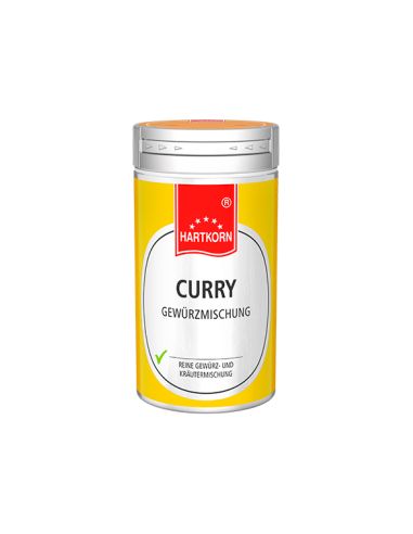 Kleine silberne Metalldose mit gelb-rotem Etikett, Aufschrift: „CURRY klassisch“.