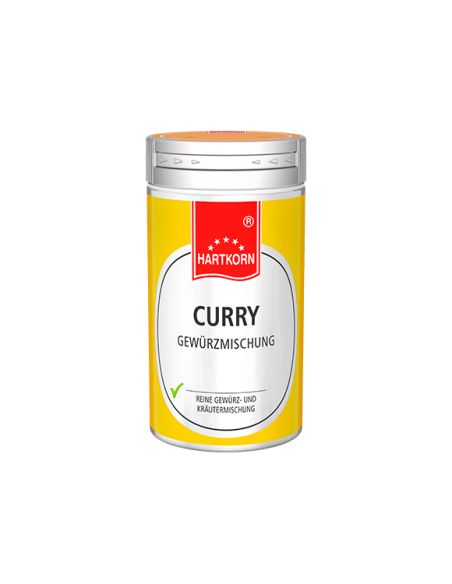 Kleine silberne Metalldose mit gelb-rotem Etikett, Aufschrift: „CURRY klassisch“. Kleine silberne Metalldose mit gelb-rotem Etikett, Aufschrift: „CURRY klassisch“.
