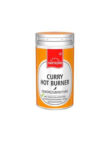 Kleine silberne Metalldose mit orangefarbenem Etikett, Aufschrift: „CURRY HOT BURNER“.