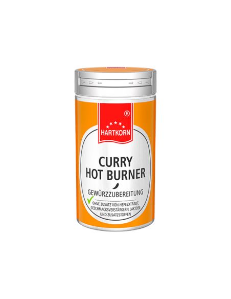 Kleine silberne Metalldose mit orangefarbenem Etikett, Aufschrift: „CURRY HOT BURNER“. Kleine silberne Metalldose mit orangefarbenem Etikett, Aufschrift: „CURRY HOT BURNER“.