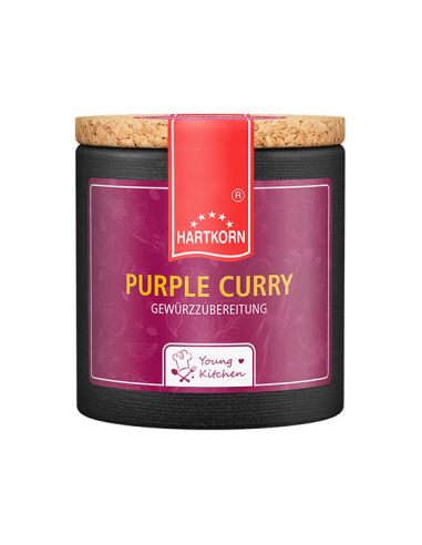 Lila Pappdose mit rotem Etikett und Korkdeckel, Aufschrift: „PURPLE CURRY“.