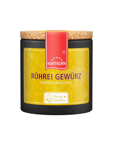 Gelbe Pappdose mit rotem Etikett. Beschriftung: „RÜHREI GEWÜRZ“ – herzhafte Gewürzmischung für Ei-Gerichte. Gelbe Pappdose mit rotem Etikett. Beschriftung: „RÜHREI GEWÜRZ“ – herzhafte Gewürzmischung für Ei-Gerichte.