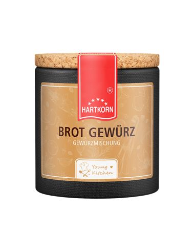 Beigefarbene Pappdose mit rotem Etikett und Korkdeckel. Aufschrift: „BROT GEWÜRZ“ – ideal zum Backen von Brot.