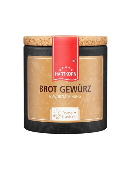 Beigefarbene Pappdose mit rotem Etikett und Korkdeckel. Aufschrift: „BROT GEWÜRZ“ – ideal zum Backen von Brot. Beigefarbene Pappdose mit rotem Etikett und Korkdeckel. Aufschrift: „BROT GEWÜRZ“ – ideal zum Backen von Brot.