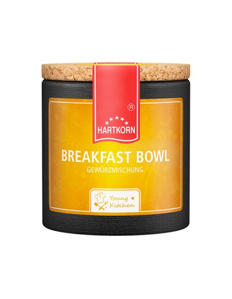 Orangefarbene Pappdose mit rotem Etikett und Korkdeckel. Aufschrift: „BREAKFAST BOWL“ – Gewürzmischung für Frühstücksgerichte. Orangefarbene Pappdose mit rotem Etikett und Korkdeckel. Aufschrift: „BREAKFAST BOWL“ – Gewürzmischung für Frühstücksgerichte.