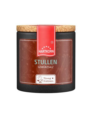 Rötlich-braune Pappdose mit rotem Etikett. Aufschrift: „STULLEN“ – herzhafte Brotbelags-Gewürzmischung.