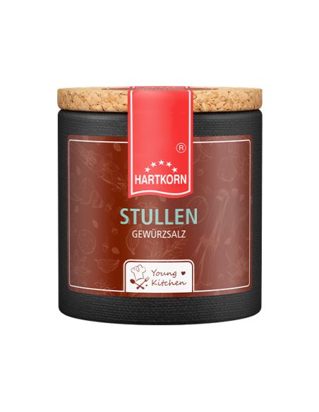 Rötlich-braune Pappdose mit rotem Etikett. Aufschrift: „STULLEN“ – herzhafte Brotbelags-Gewürzmischung. Rötlich-braune Pappdose mit rotem Etikett. Aufschrift: „STULLEN“ – herzhafte Brotbelags-Gewürzmischung.