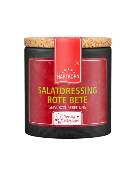 Pappdose mit Korkdeckel und rotem Etikett – Beschriftung: „Salatdressing Rote Bete“. Pappdose mit Korkdeckel und rotem Etikett – Beschriftung: „Salatdressing Rote Bete“.