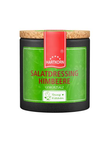 appdose mit Korkdeckel und grünem Etikett – Beschriftung: „Salatdressing Himbeere“.