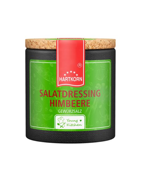 appdose mit Korkdeckel und grünem Etikett – Beschriftung: „Salatdressing Himbeere“. appdose mit Korkdeckel und grünem Etikett – Beschriftung: „Salatdressing Himbeere“.