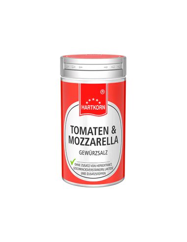 Silberfarbener Gewürzstreuer mit rotem Etikett – Beschriftung: „Tomaten & Mozzarella“.
