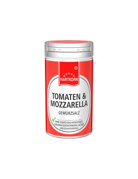 Silberfarbener Gewürzstreuer mit rotem Etikett – Beschriftung: „Tomaten & Mozzarella“. Silberfarbener Gewürzstreuer mit rotem Etikett – Beschriftung: „Tomaten & Mozzarella“.