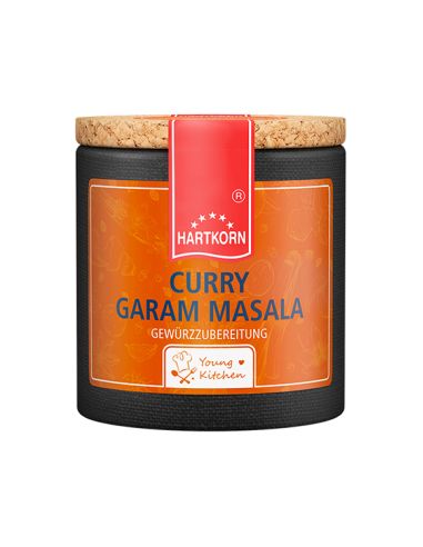 Pappdose mit Korkdeckel und orangerotem Etikett, beschriftet mit „Curry Garam Masala“.