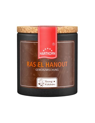 Pappdose mit Korkdeckel und braunrotem Etikett, Aufschrift „Ras el Hanout“.