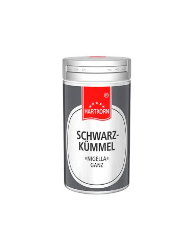 Silberner Gewürzstreuer mit  rotem Akzent, beschriftet mit „Schwarzkümmel“.