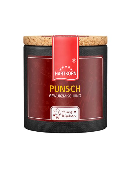 Dunkelrote Pappdose mit Korkdeckel und rotem Etikett, Aufschrift „Punsch“. Dunkelrote Pappdose mit Korkdeckel und rotem Etikett, Aufschrift „Punsch“.