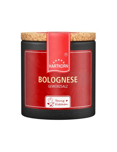 Eine Pappdose mit kräftigem roten Etikett und dem Namen „Bolognese“ steht aufrecht mit Korkdeckel.