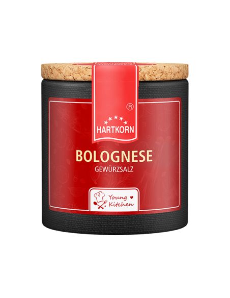 Eine Pappdose mit kräftigem roten Etikett und dem Namen „Bolognese“ steht aufrecht mit Korkdeckel.