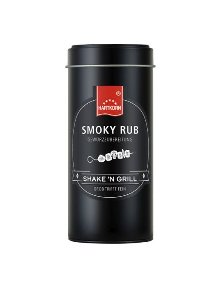Schwarze Dose mit Spießmotiv und der Aufschrift „Smoky Rub“ Schwarze Dose mit Spießmotiv und der Aufschrift „Smoky Rub“