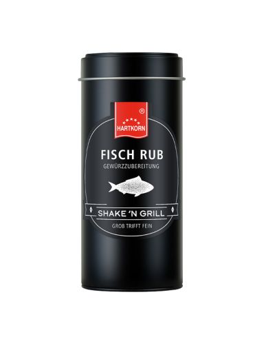 Schwarze Dose mit weißem Fisch und der Aufschrift „Fisch Rub“.
