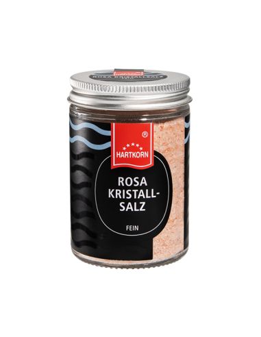 Pink crystal salt fine gourmet spice in glass