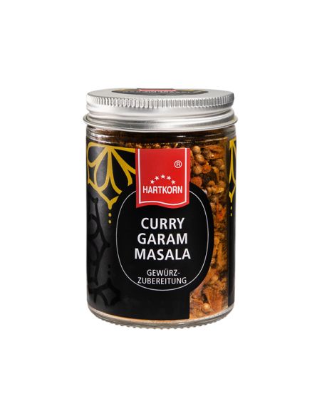 Glas mit Hartkorn-Logo, grober Curry-Garam-Masala-Gewürzmischung und silbernem Schraubdeckel Glas mit Hartkorn-Logo, grober Curry-Garam-Masala-Gewürzmischung und silbernem Schraubdeckel