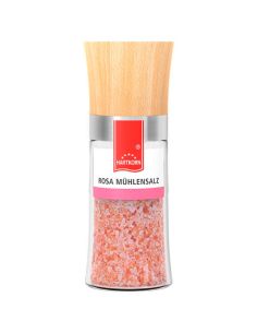 Gewürzmühle mit Holzdeckel und transparentem Glasbehälter, gefüllt mit grobem rosa Mühlensalz.