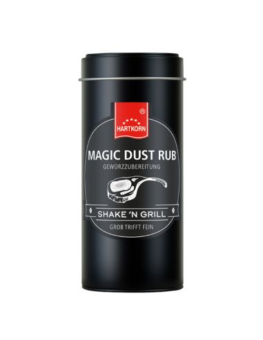 Schwarze Dose mit der Aufschrift „MAGIC DUST RUB“ in Weiß.