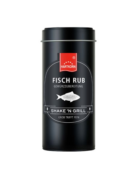Schwarze Dose mit weißer Aufschrift „FISCH RUB“ und einem stilisierten Fischsymbol in der Mitte.