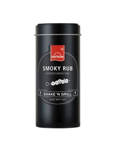 Schwarze Dose mit der Aufschrift „SMOKY RUB“ und einem Grillrostsymbol darunter.