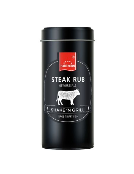 Schwarze Metalldose mit weißer Aufschrift: „STEAK RUB“ und Symbol eines Rindes. Schwarze Metalldose mit weißer Aufschrift: „STEAK RUB“ und Symbol eines Rindes.