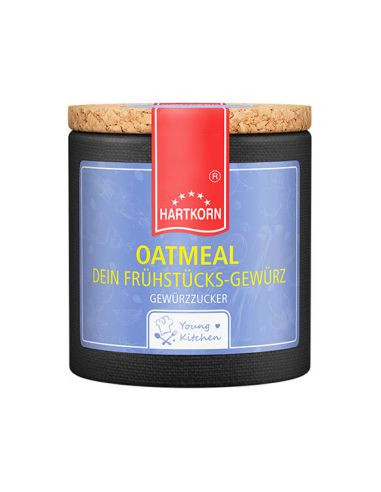 Eine blaue Pappdose mit rotem Etikett und Korkdeckel. Die Beschriftung lautet „OATMEAL – Gewürzmischung".