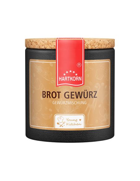 Braune Pappdose mit rotem Etikett und Korkdeckel. Die Aufschrift lautet „BROT GEWÜRZ“ – für herzhafte Backwaren.