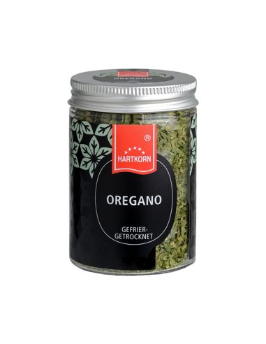 Hartkorn Gewürzglas mit grünem, gefriergetrocknetem Oregano, schwarzes Etikett mit weißer Schrift und rotem Hartkorn-Logo