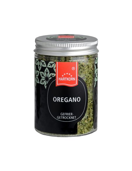 Hartkorn Gewürzglas mit grünem, gefriergetrocknetem Oregano, schwarzes Etikett mit weißer Schrift und rotem Hartkorn-Logo