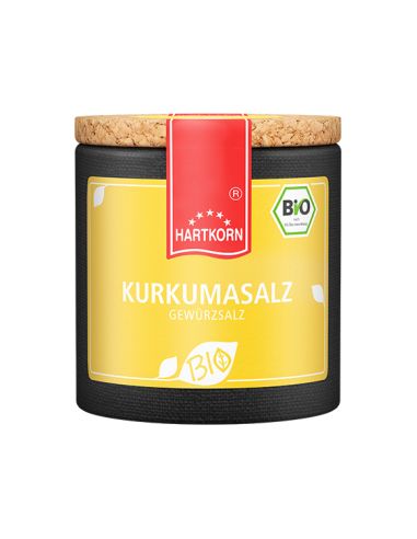 Sonnengelbe Pappdose mit rotem Etikett und Korkdeckel, beschriftet mit „Kurkumasalz – Bio“.