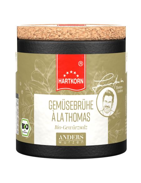 Pappdose mit Korkdeckel und weißem Etikett mit der Aufschrift „Gemüsebrühe a la Thomas“.