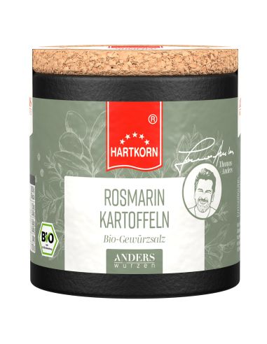 Pappdose mit Korkdeckel und weißem Etikett mit der Aufschrift „Rosmarin Kartoffeln“.