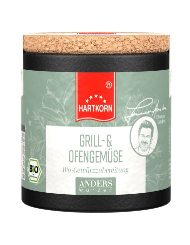 Eine Pappdose mit Korkdeckel und mintgrünem Etikett mit der Aufschrift „Grill- & Ofengemüse“.